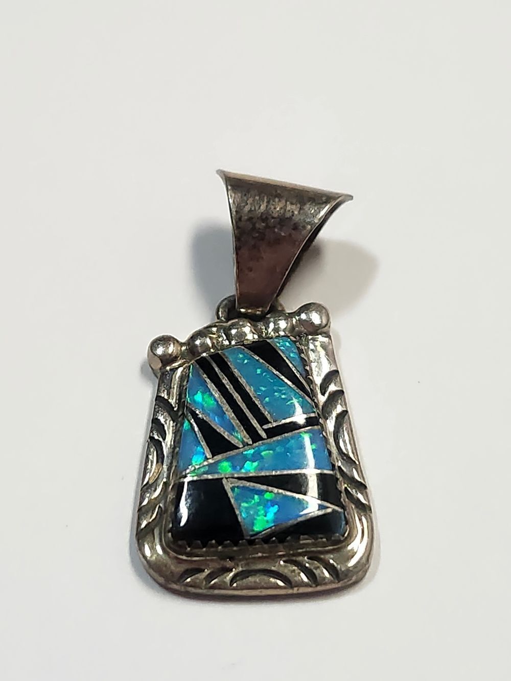 Sterling Silver Opal Inlay Pendant - Blue-Green Opal Signed JE Sterling